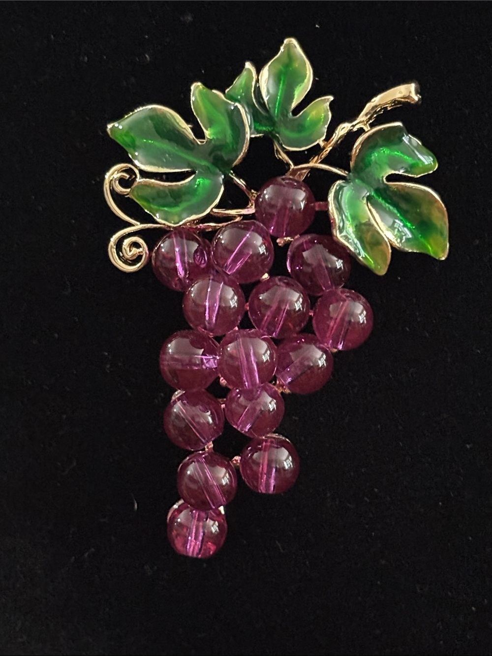 Gold-Tone Grape Cluster Brooch with Purple Beads and Green Enamel Leaves